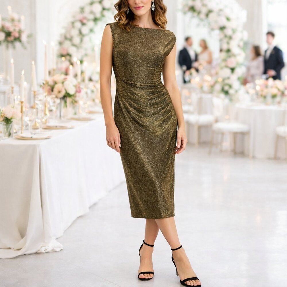 Robbie Bee Maxi Dress Gold Black Metallic Lurex Ruched Draped Cowl Neck Large